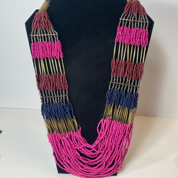 25" Large Pink Beaded Statement Necklace Multi Strand - Picture 1 of 13